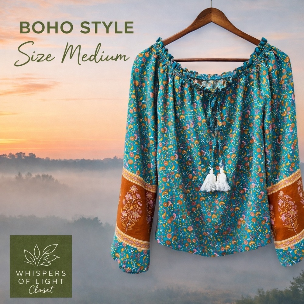 Boho Teal Floral Peasant Blouse Tassel Tie Rust Border Sleeves Size M